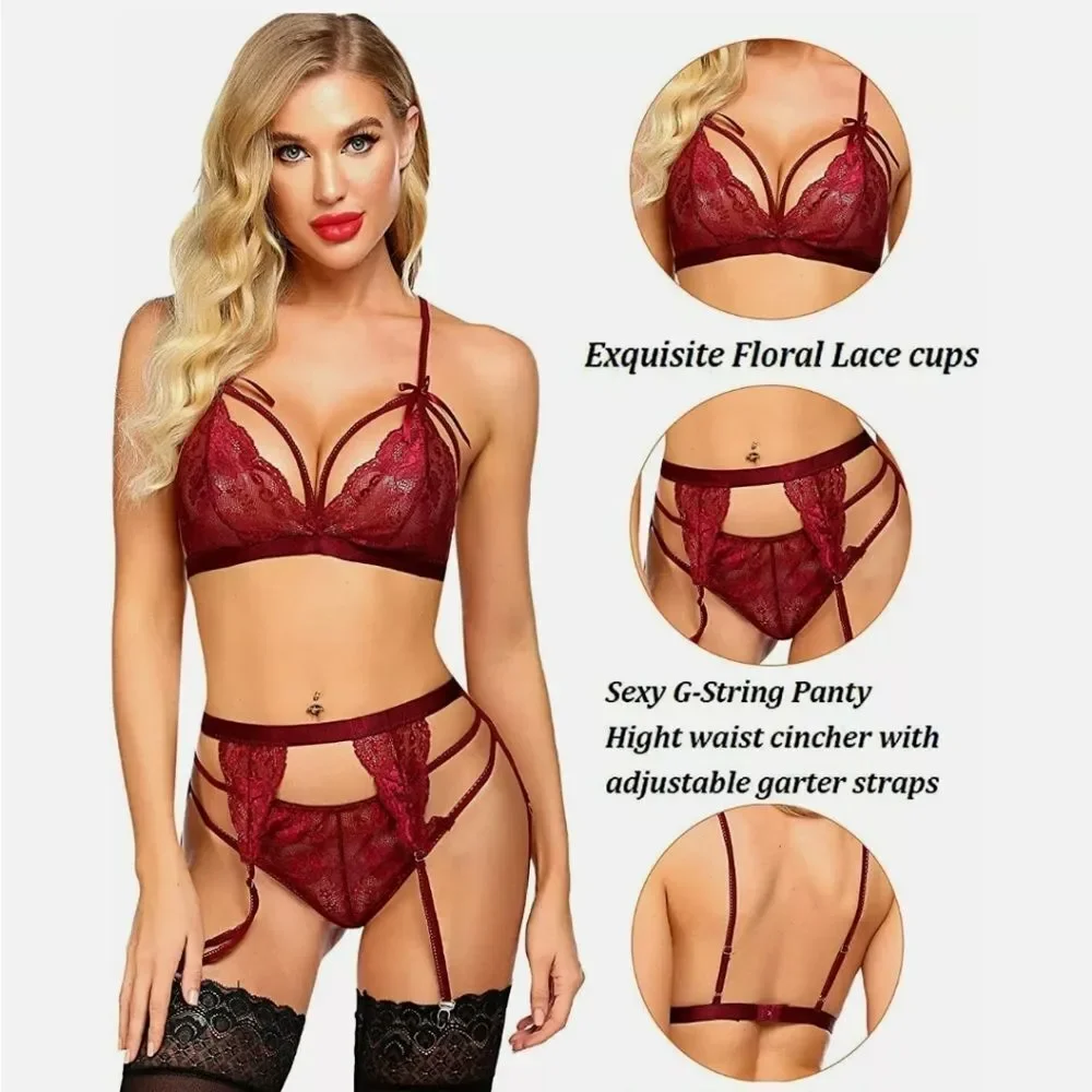 Women Sexy Lingerie Set Lace Teddy Strap Babydoll Bodysuit with Garter Belts